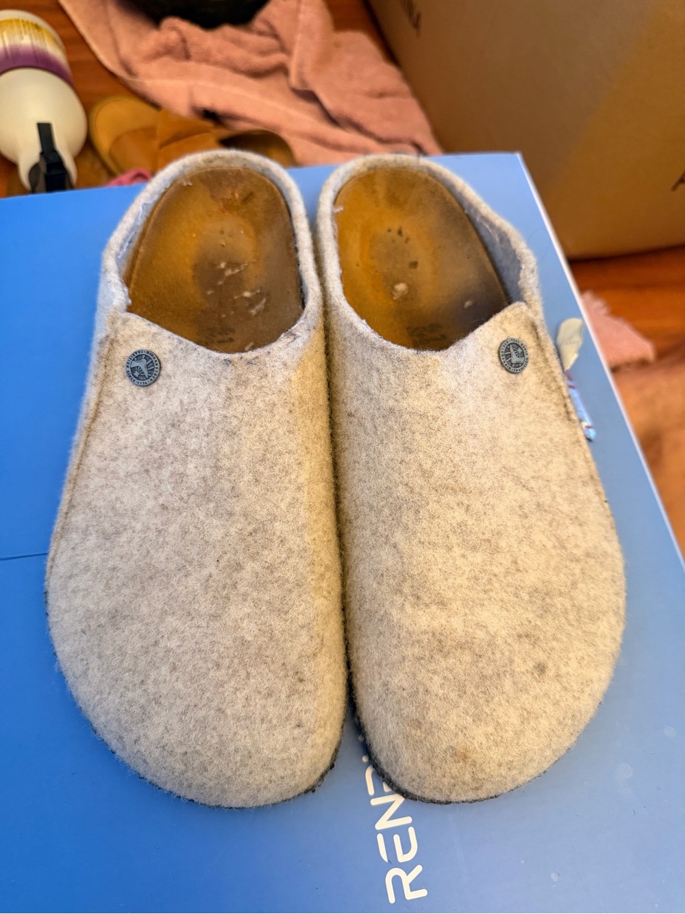 Birkenstock Beige Wool Felt Slip-On Clog with Button Logo